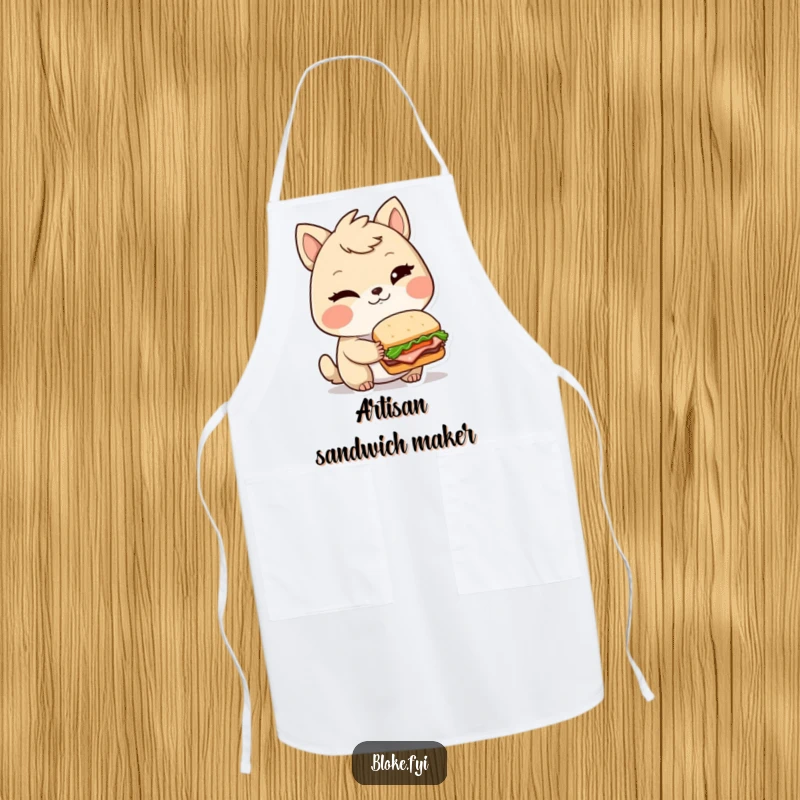 Funny apron showing a winking bloke animal character holding a tiny, elaborate sandwich, ideal for kitchen protection and gourmet humor.