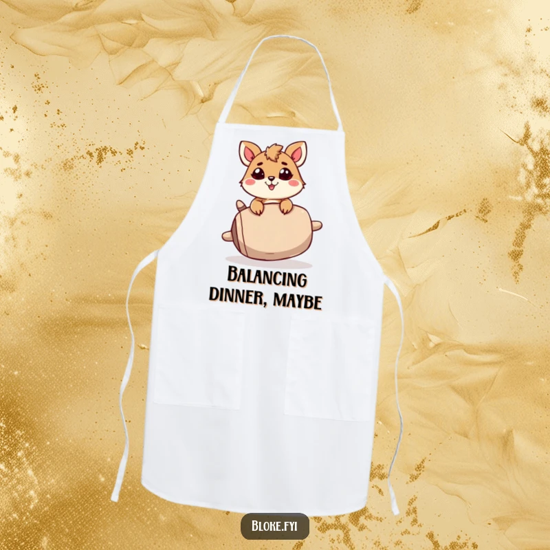 Funny Apron: A determined animal character humorously balances a precarious item, adding a funny and resilient touch to culinary tasks.