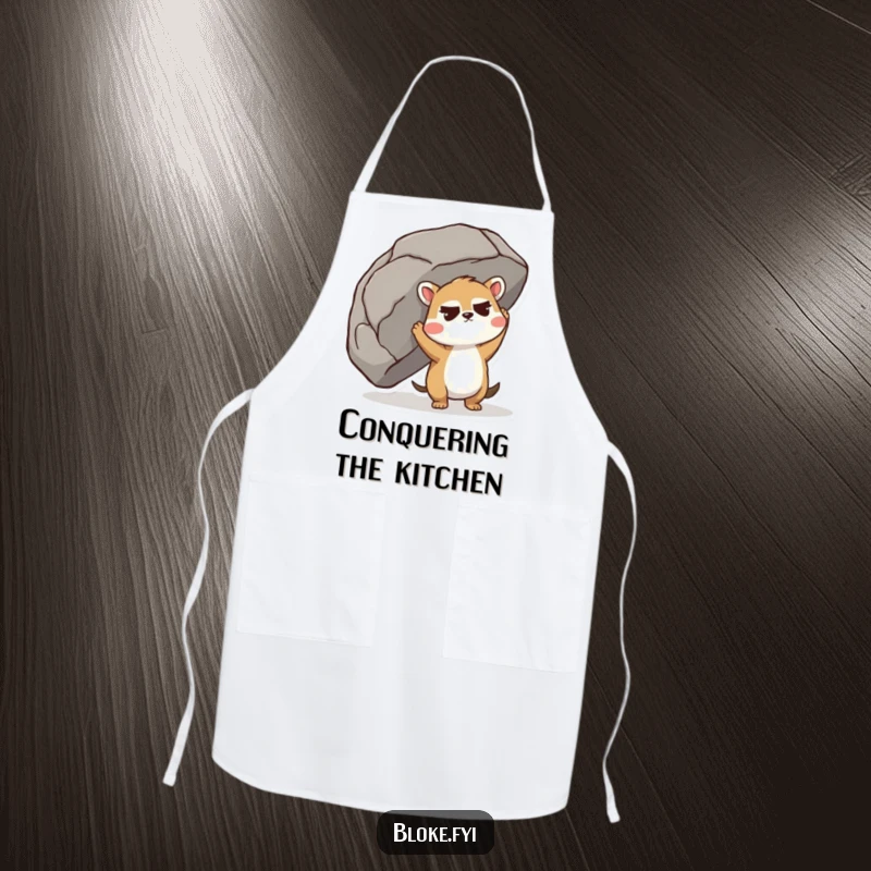 Funny Apron with a cute animal with a furrowed brow straining to lift a giant boulder, for kitchen protection.