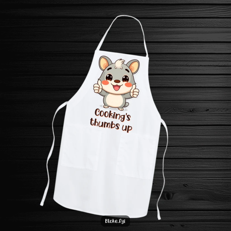 Funny apron featuring a cheerful bloke animal character giving a double thumbs-up with a wide smile, perfect for kitchen use.