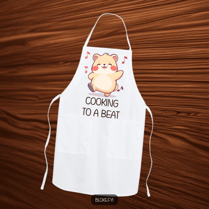Funny apron featuring a chubby animal character tapping its foot to music, adding a fun and rhythmic element to cooking.