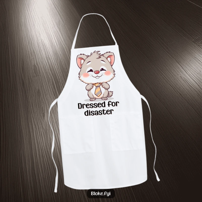 Funny apron featuring a cheeky furry creature humorously adjusting its askew tie, perfect for a fun and protected cooking experience.