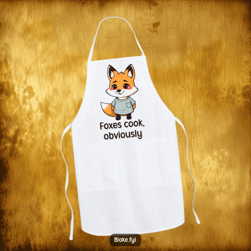 Funny apron with a cheerful, slightly scruffy fox in a casual t-shirt, perfect for humorous cooking sessions.