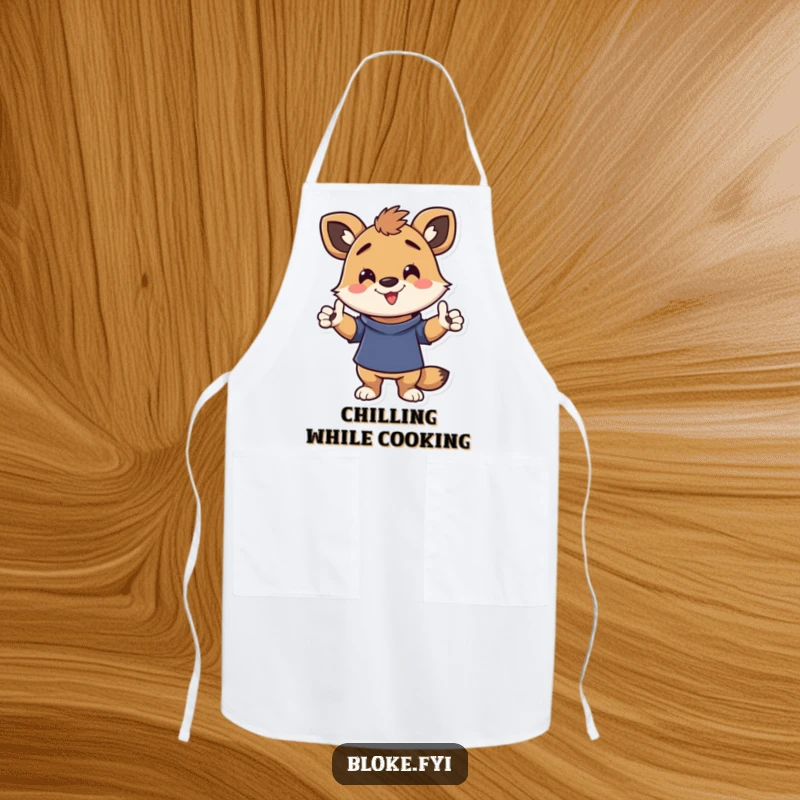 Funny kitchen apron with an energetic animal character striking a funny, casual pose, making cooking a more lighthearted activity.