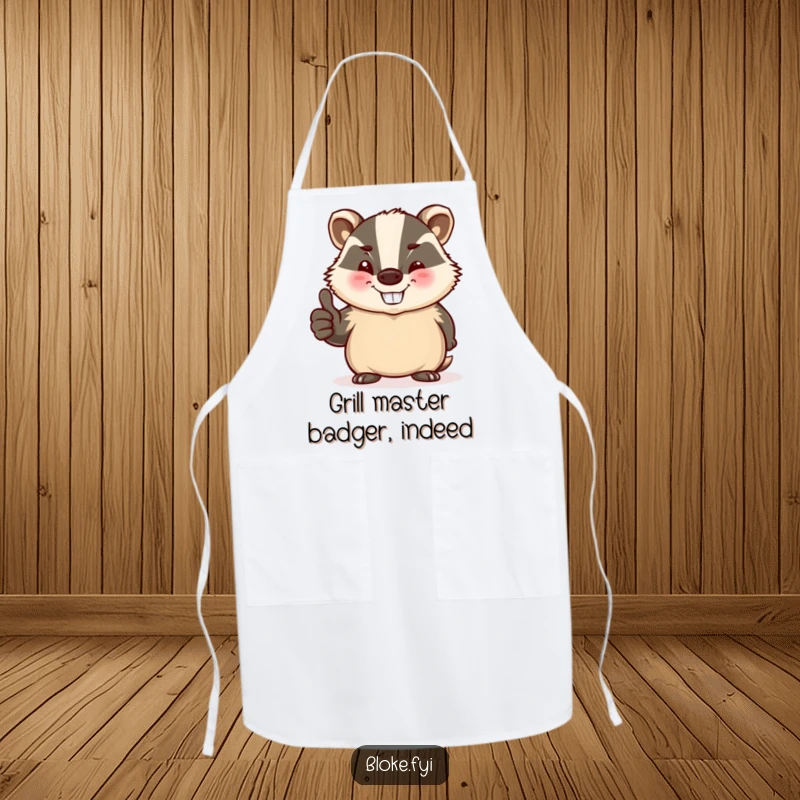Funny apron with a stout, jovial badger winking and giving a thumbs-up, ideal for kitchen humor.