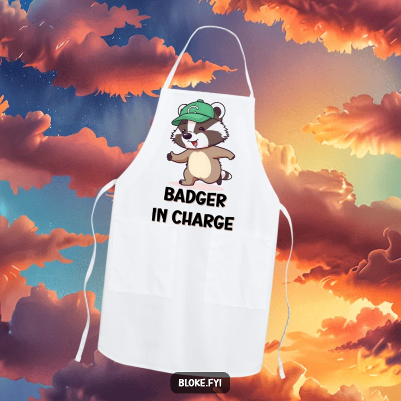 Funny Apron showing a jolly badger in a cap awkwardly skipping, perfect for a humorous cooking session.