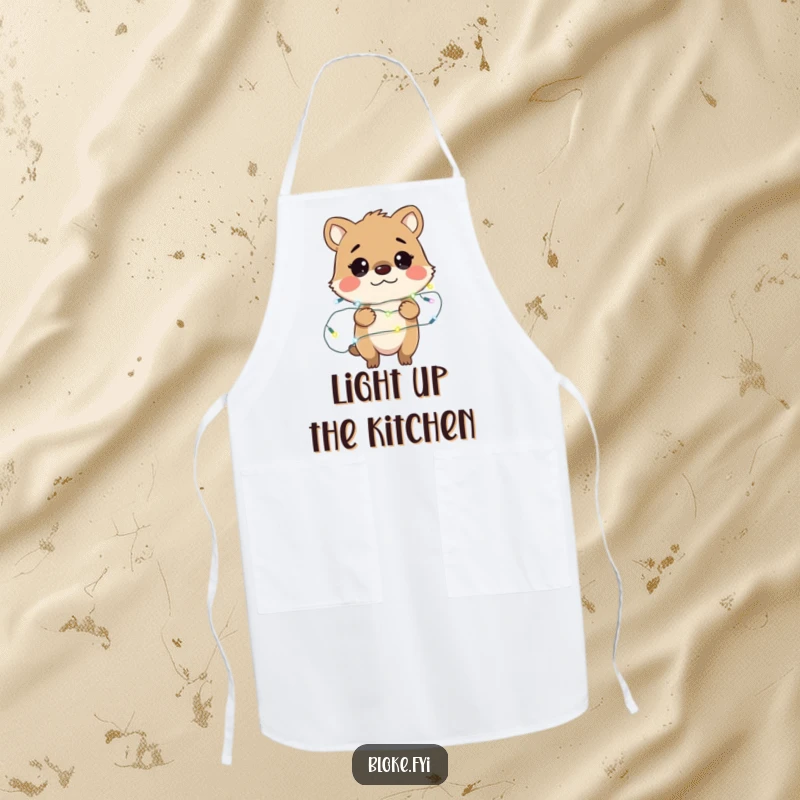 Funny apron featuring a bewildered bloke animal character hilariously entangled in a string of fairy lights, perfect for a humorous cooking experience.