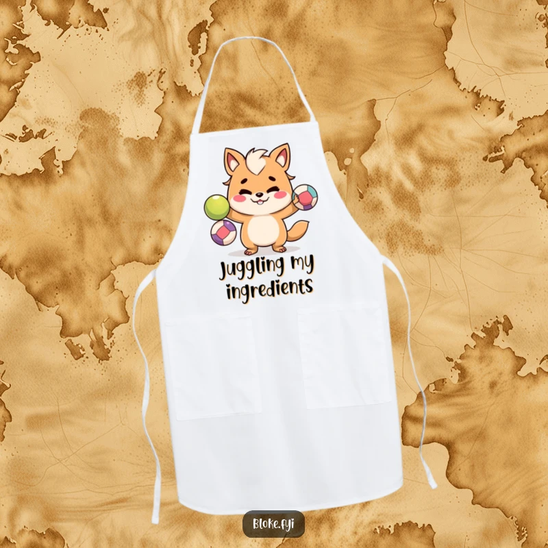 Funny apron featuring a mischievous bloke animal character juggling colorful balls, perfect for kitchen use and humor.