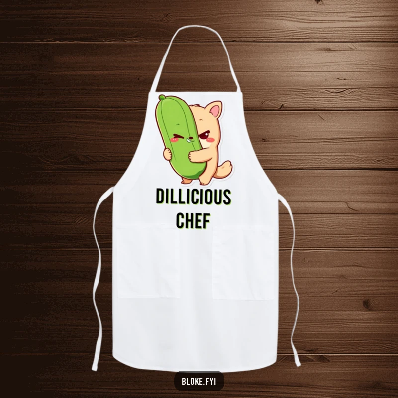 Funny bloke animal character kitchen apron with a sly wink and holding a giant pickle, perfect for humorous cooking and grilling.