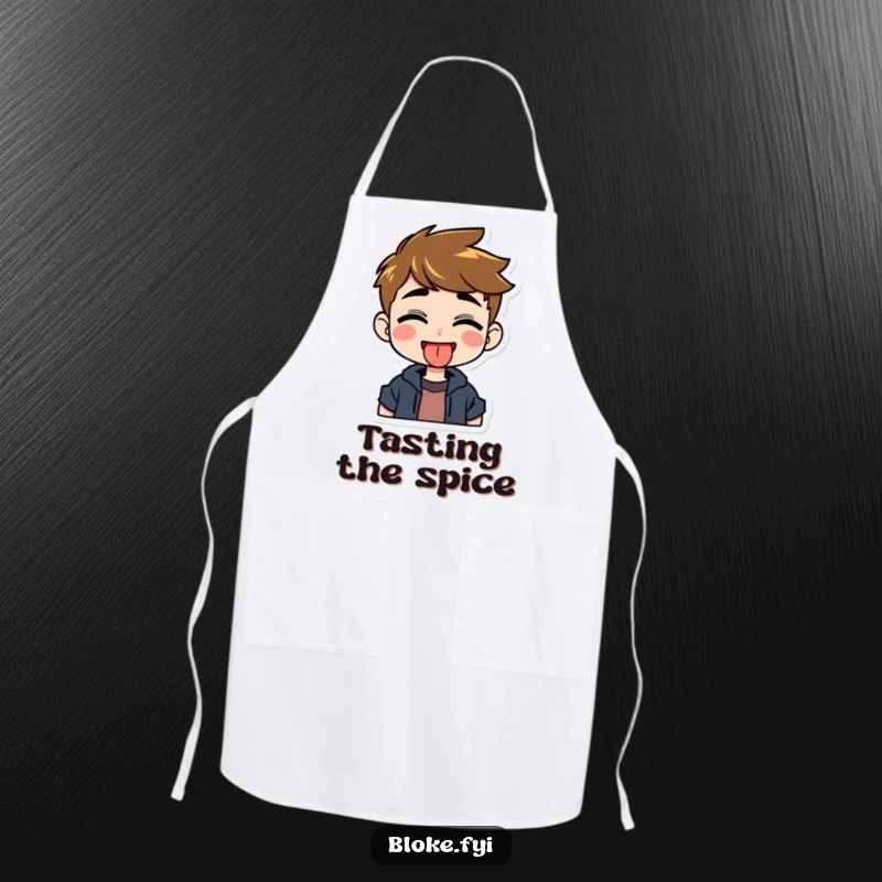 Funny apron featuring a grinning guy character playfully sticking out his tongue, perfect for adding humor to cooking.