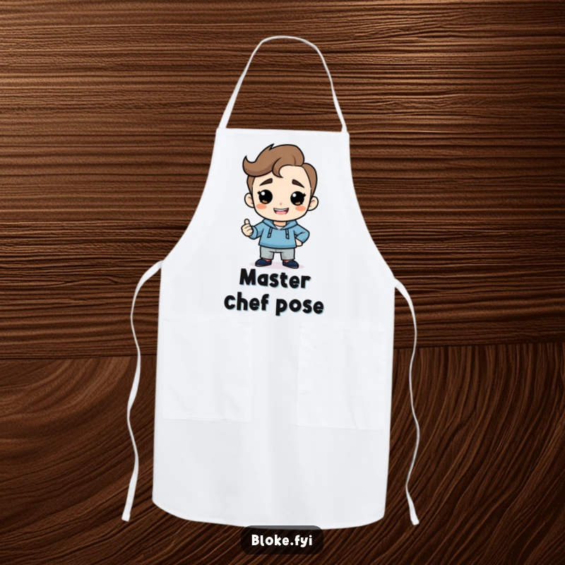Funny apron featuring a simple guy with a cheeky grin striking a confident, humorous pose, perfect for kitchen protection.