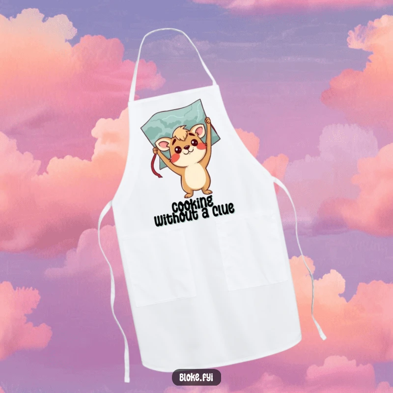 Funny apron showing a confused bloke animal character holding a map upside down, ideal for kitchen protection and humor.