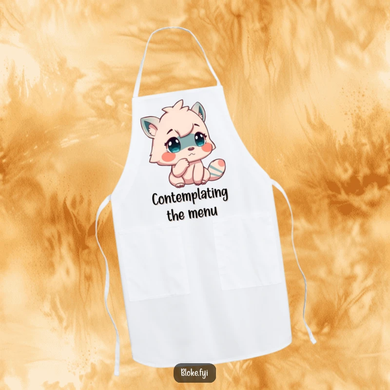 Funny apron featuring a creature tapping its chin in contemplation, perfect for a humorous and functional kitchen accessory.