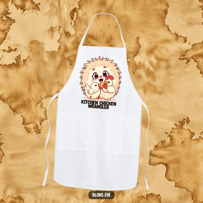 Funny Apron: A fluffy creature excitedly plays with a rubber chicken, adding humor to kitchen activities.