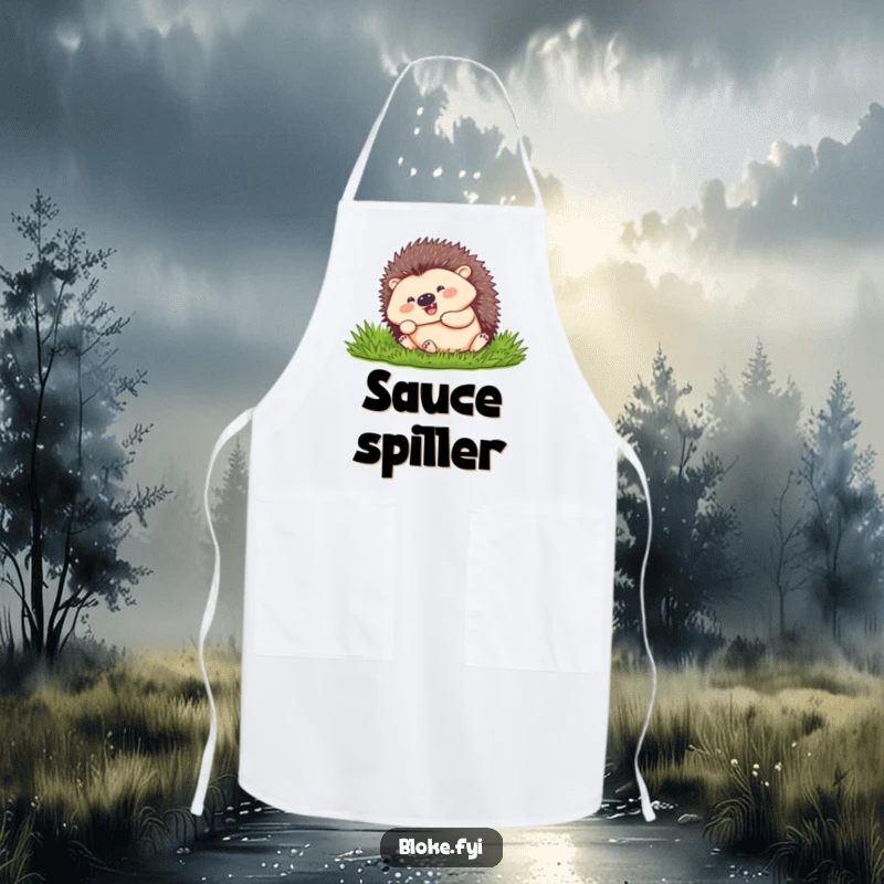 Funny hedgehog with a happy expression, rolling downhill, depicted on a humorous apron.