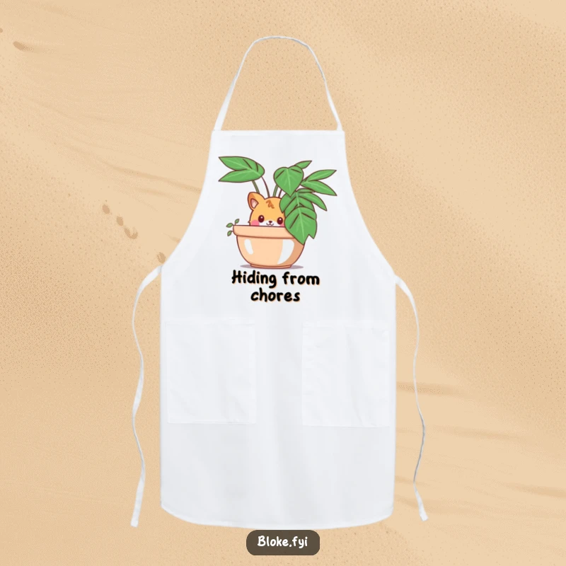 Funny apron with a curious animal character peeking out from behind a large potted plant, perfect for the observant chef.