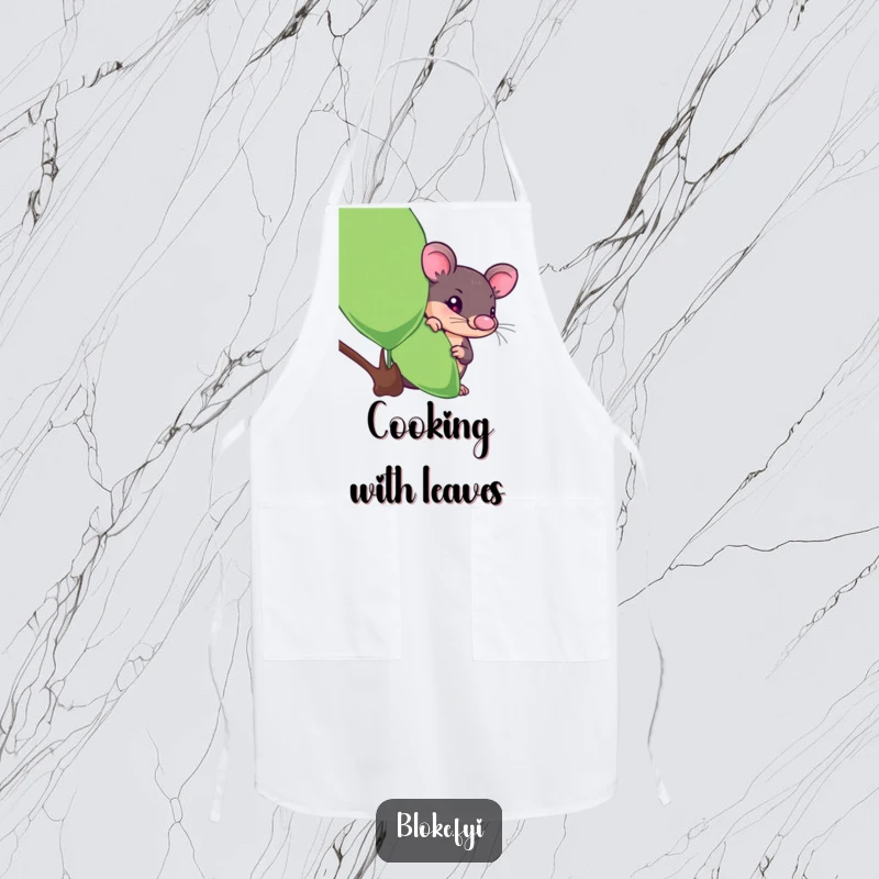 Funny platypus apron showing a curious creature peeking from behind a eucalyptus leaf, a humorous cooking accessory.