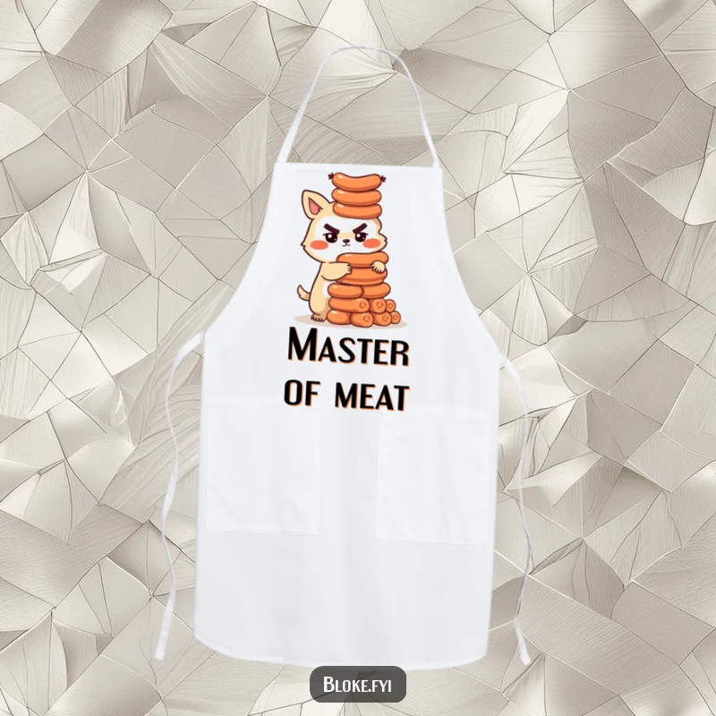 Funny apron showing a determined bloke animal character building a tall tower of sausages, ideal for kitchen protection and humor.