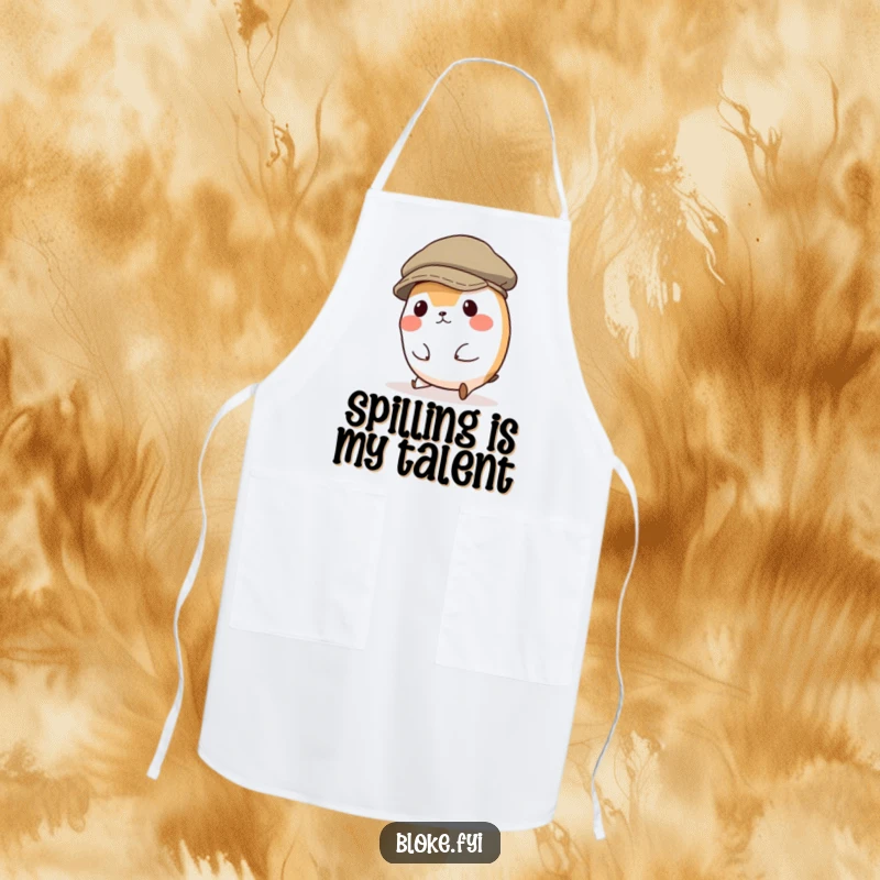 Funny apron with a small, round animal character comically tripping over its feet while wearing a comically large flat cap, perfect for kitchen mishaps.