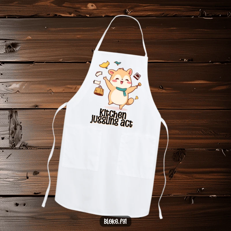 Funny apron featuring a stout animal character with a happy waddle, comically juggling mismatched items, perfect for a fun kitchen.