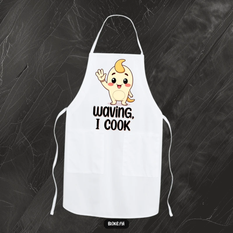 Funny apron depicting a cartoon fellow character giving a jaunty wave, ideal for a friendly kitchen.