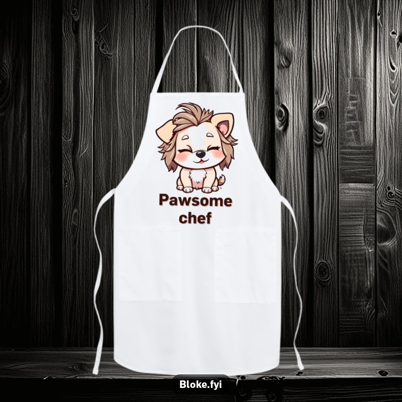 Funny Apron depicting a playful dog with messy hair giving a cheeky wink, perfect for a humorous cooking experience.