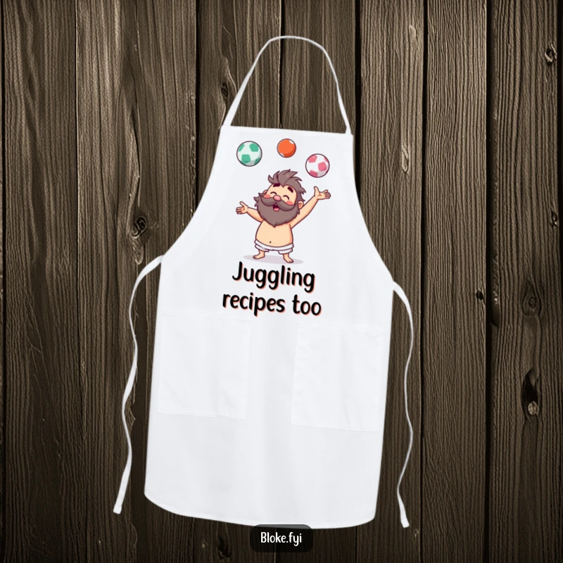 Funny apron featuring a hairy bloke character humorously juggling invisible balls while cooking, adding comedic flair to the kitchen.