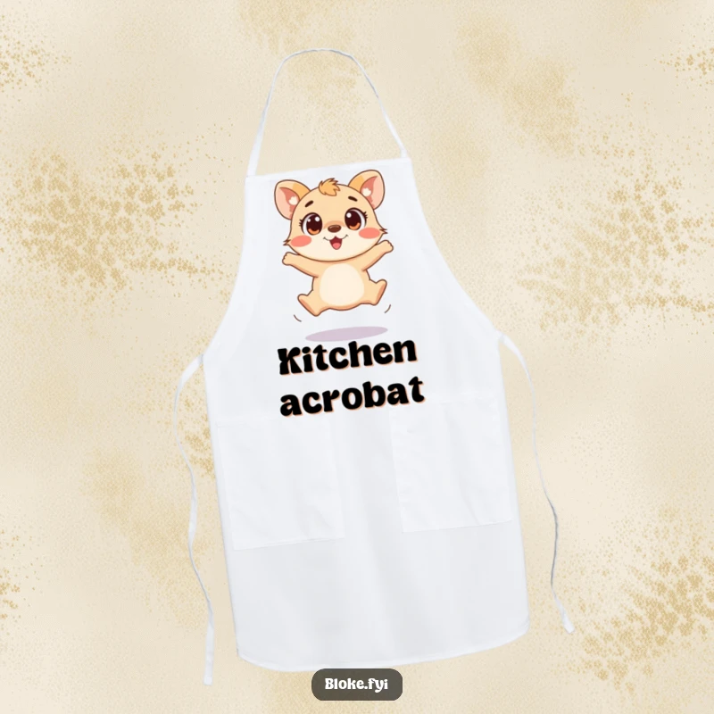 Funny apron with a playful animal attempting a clumsy jump with excited eyes, perfect for chefs and home cooks.
