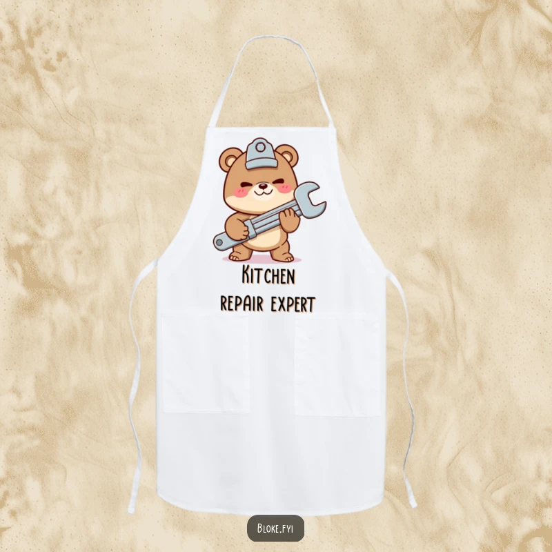 Funny apron with a mischievous bear character offering a giant wrench, designed for workshop protection and mechanic humor.