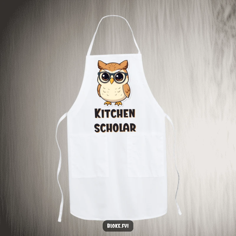Funny small, round owl with a wise look tipping its spectacles, printed on a practical and witty kitchen apron.