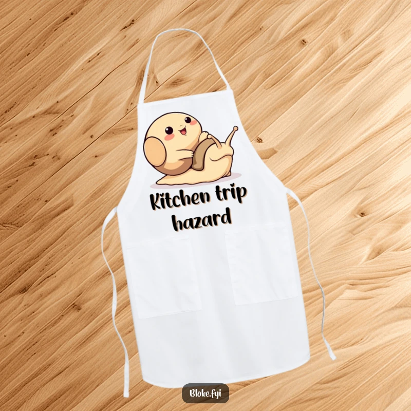 Funny apron showing a bloke animal character comically tripping over a large, friendly snail, ideal for kitchen protection and humor.