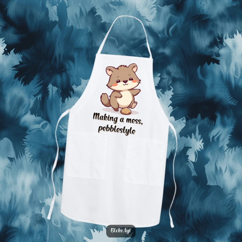 Funny Apron: Scruffy animal humorously kicking a small pebble, perfect for cooks who appreciate relatable kitchen humor.