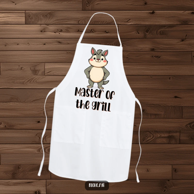 Funny apron featuring a proud bloke animal character standing tall with chest puffed out, perfect for a confident culinary experience.
