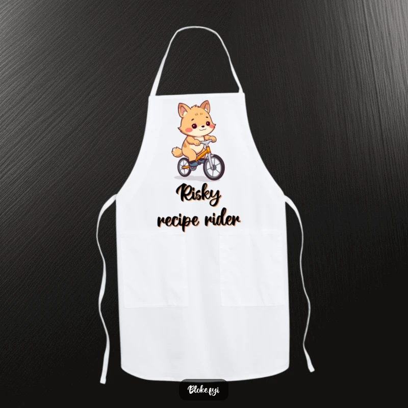 Funny apron showing a bloke animal character wobbling precariously on a unicycle, ideal for kitchen humor and protection.