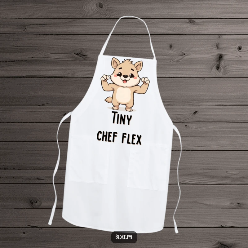 Funny apron featuring a cute, stout animal character grinning slyly and flexing its small, powerful muscles, ideal for cheerful cooking.