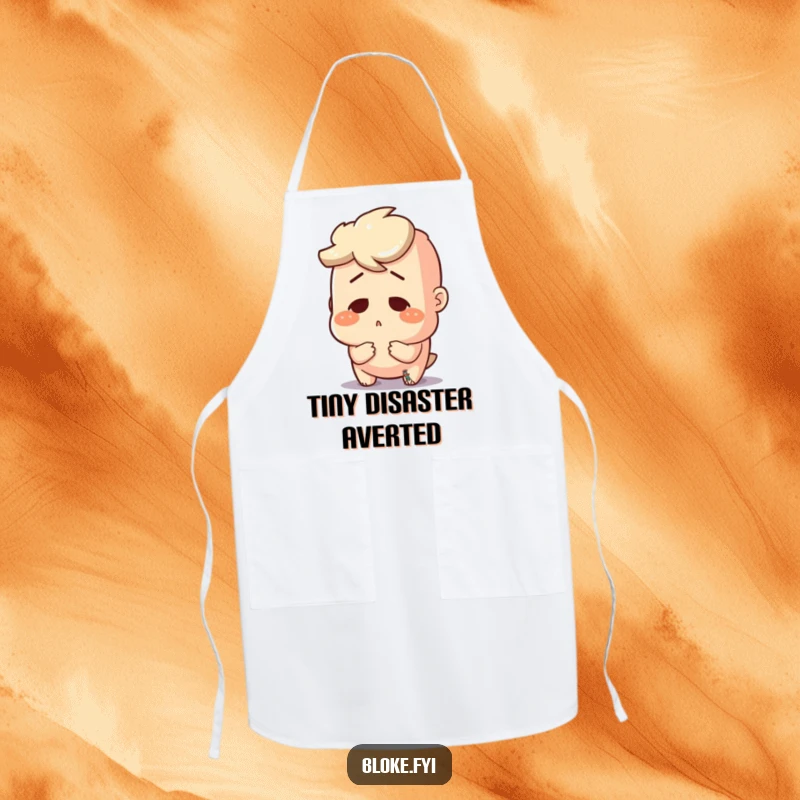 Funny apron depicting a bloke character with a comically surprised expression, perfect for culinary surprises.