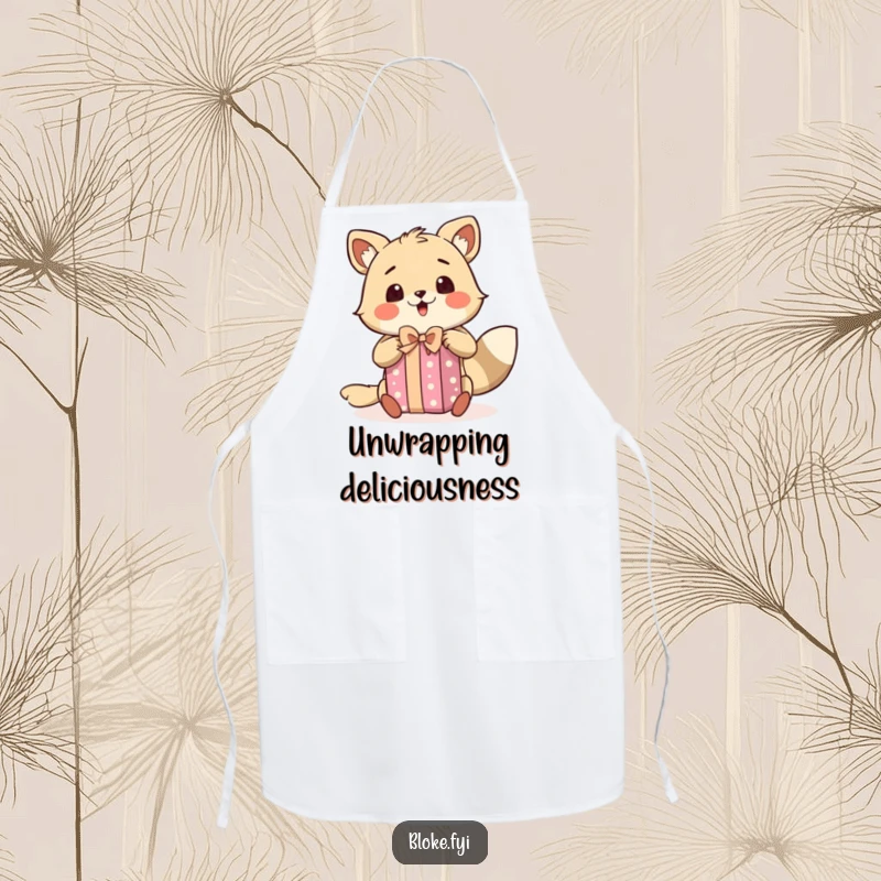 Funny apron featuring a bloke animal character with a surprised expression, excitedly unwrapping a present, perfect for a fun cooking experience.