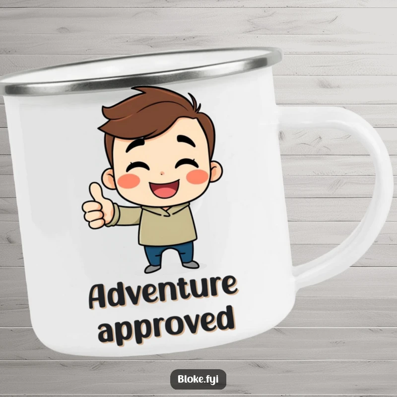 Funny cartoon guy camping mug with a cheerful character, thumbs up, durable for outdoor use.