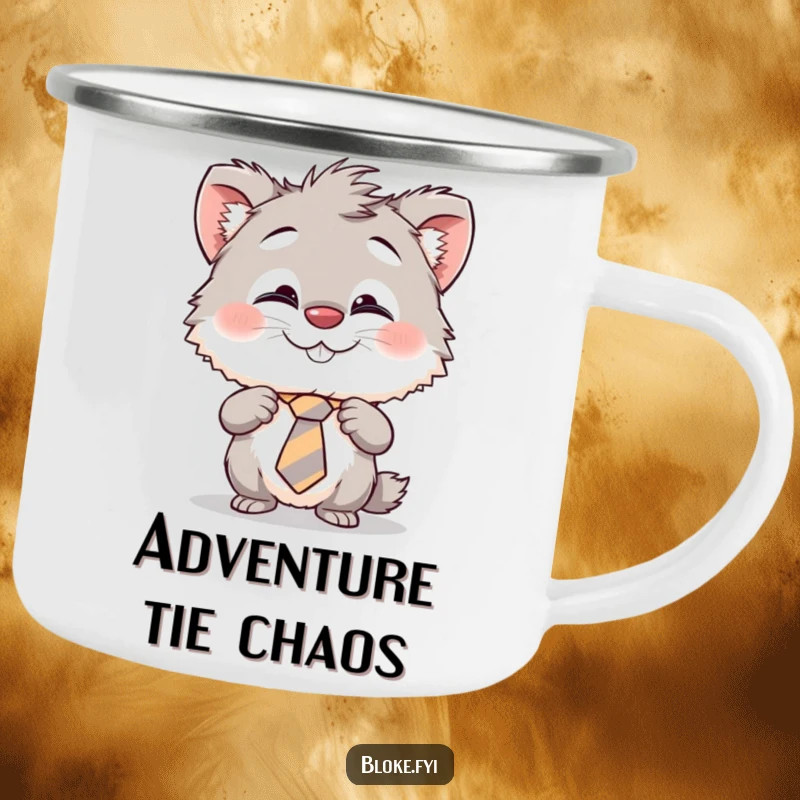 Funny camping mug with a cheeky furry creature humorously adjusting its crooked tie, perfect for enjoying drinks on the go.