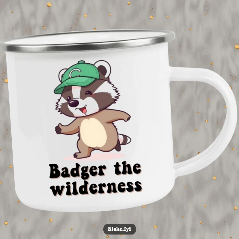 Funny Camping Mug showcasing a jolly badger in a cap awkwardly skipping, perfect for outdoor adventures.