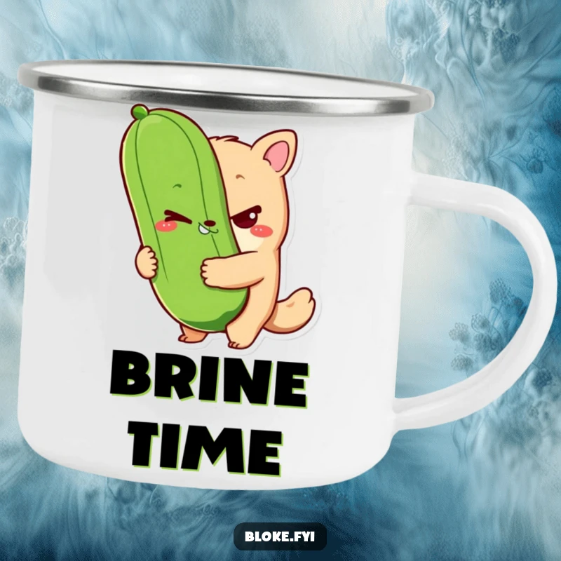 Funny bloke animal character enamel camping mug with a sly wink and holding a giant pickle, ideal for humorous outdoor enjoyment.