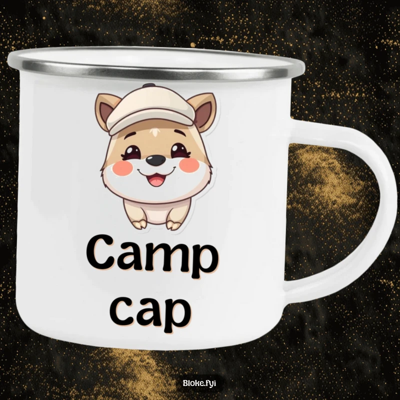 Funny camping mug featuring a cute animal wearing a flat cap and grinning broadly, perfect for cheerful outdoor enjoyment.