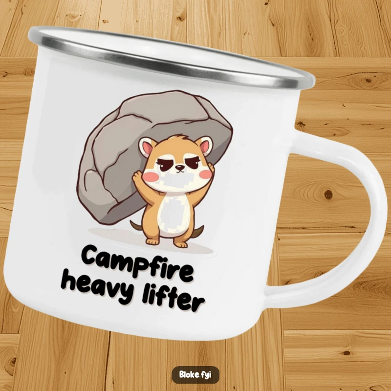 Funny Camping Mug showing a cute animal straining to lift a giant boulder, perfect for outdoor beverages.