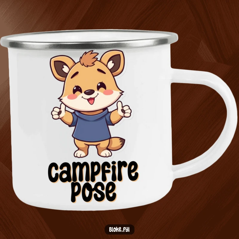 Funny camping mug with an energetic animal character in a funny, casual pose, designed for durable and cheerful outdoor use.