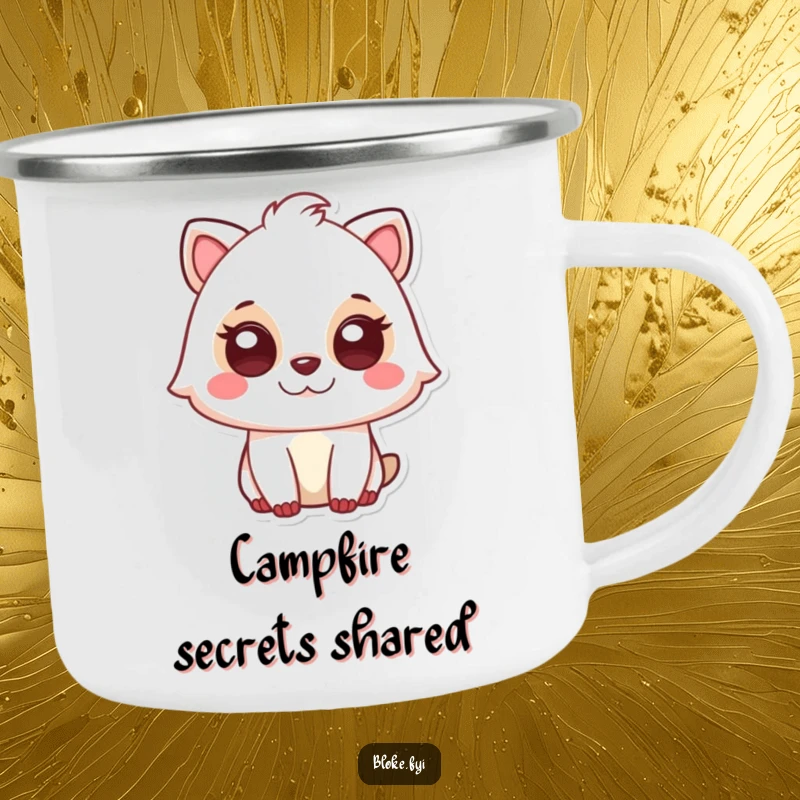 Funny camping mug featuring a cute animal character with a knowing glance, perfect for enjoying drinks outdoors with a touch of mystery.