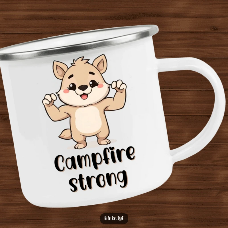 Funny camping mug with a cute, stout animal character grinning slyly and flexing its tiny muscles, perfect for outdoor enjoyment.