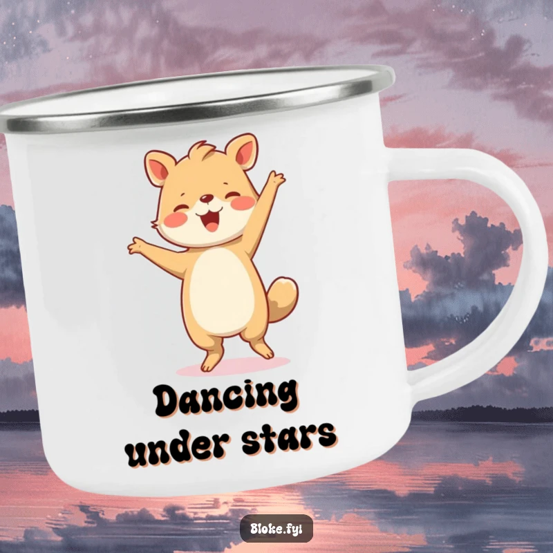 Funny Camping Mug: A sturdy animal dances with clumsy joy, perfect for outdoor adventures and spreading humorous cheer.