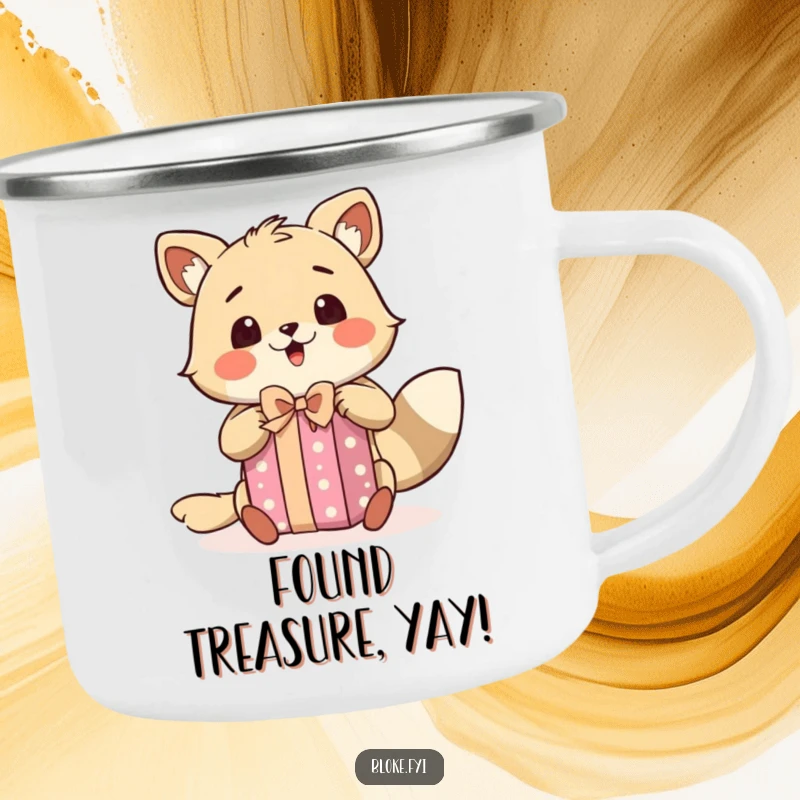 Funny camping mug featuring a bloke animal character with a surprised expression, excitedly unwrapping a present, perfect for outdoor joy.