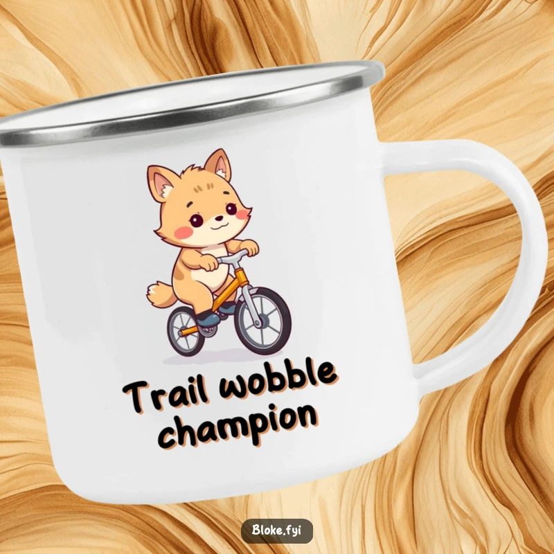 Funny camping mug with a clumsy bloke animal character humorously attempting to ride a tiny unicycle in an outdoor setting.