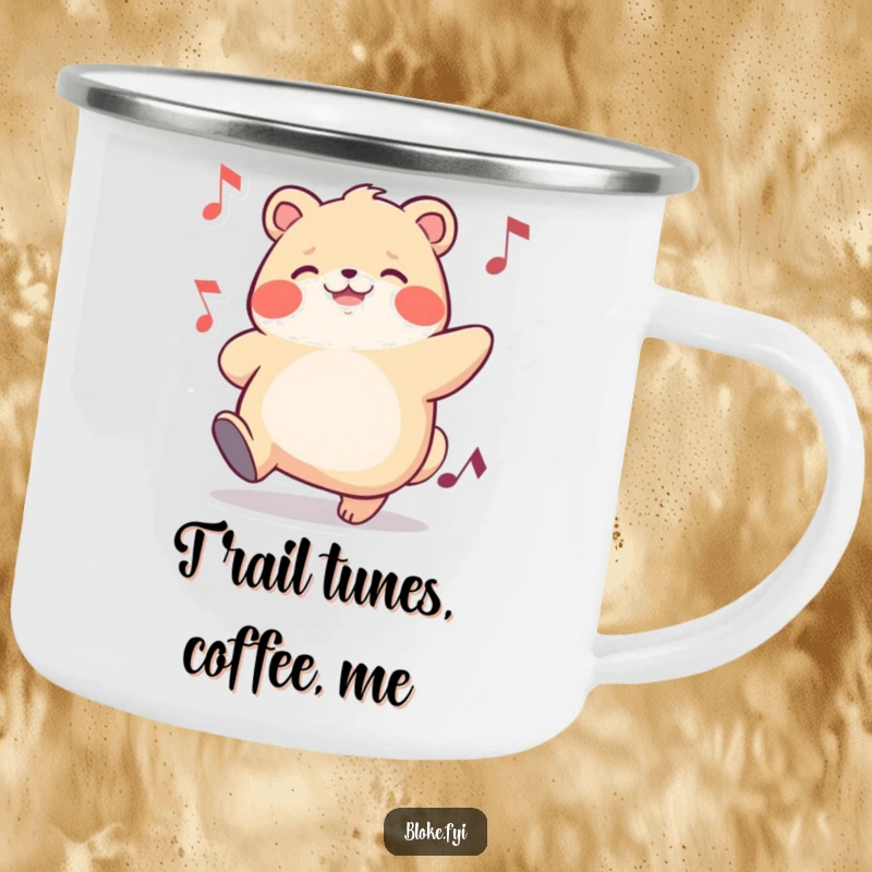 Funny camping mug featuring a chubby animal character tapping its foot, ideal for enjoying beverages outdoors with a musical spirit.